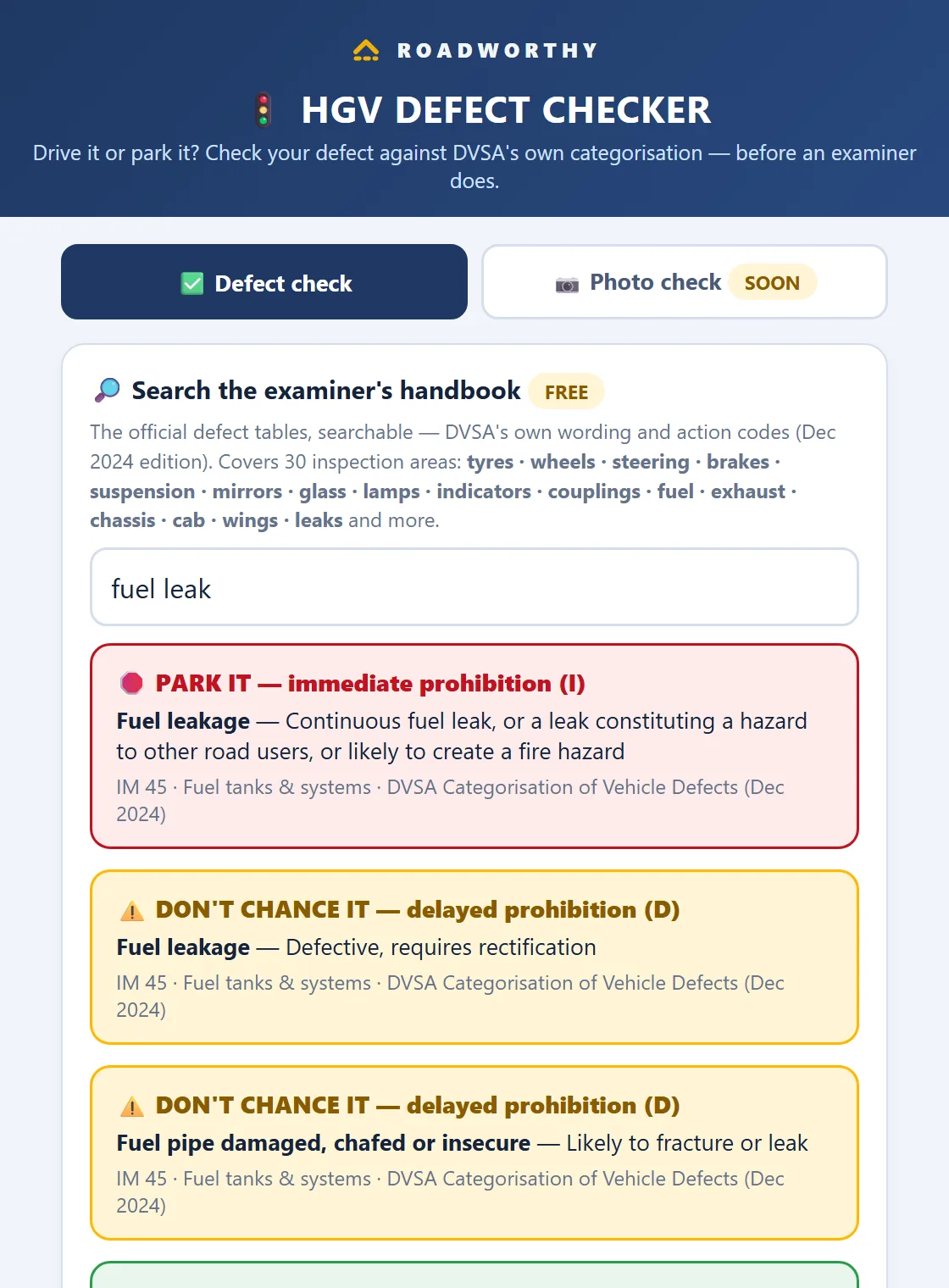 The defect checker's handbook search: a search for fuel leak returning DVSA inspection-manual entries with their action codes, one immediate prohibition and two delayed.